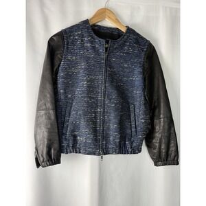 Madewell Womens Blue Heather Black Colorblock Full‎ Zip Leather Bomber Jacket XS